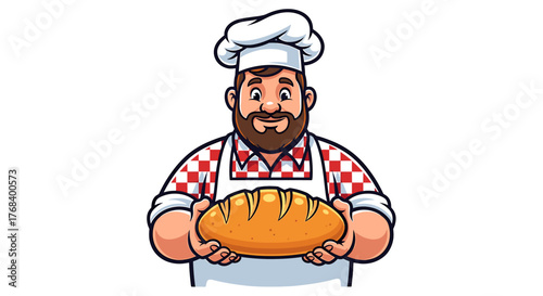 Cheerful baker with a full beard and a traditional white hat, holding a freshly baked loaf of bread with both hands.
