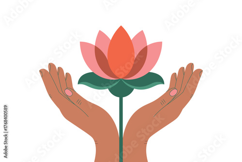 Cupped hands gently hold a blooming lotus flower, symbolizing purity and spiritual awakening.