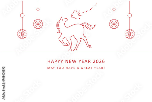 2026年午年年賀状デザイン 馬と千鳥と吊るし飾りの線画