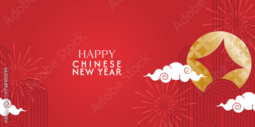 chinese new year 2026, year of the horse. vector abstract web banner with tradition symbols, asian coin, fireworks, arch and red background in modern illustration