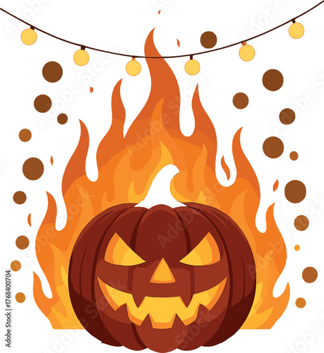 A jack‑o‑lantern pumpkin head set against a blazing fire backdrop, resting on a wooden table adorned with a light bokeh garland
