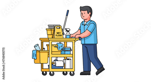 Illustration of a man pushing a cleaning cart equipped with a mop, bucket, and cleaning supplies. Stay safe, and clean!