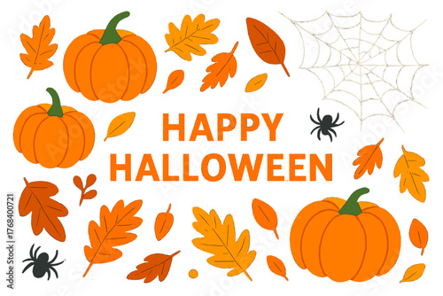 Top-down view of a Halloween decoration featuring pumpkins, leaves, and a spider web on a black background, crafted for an autumn holiday concept with ample copy space