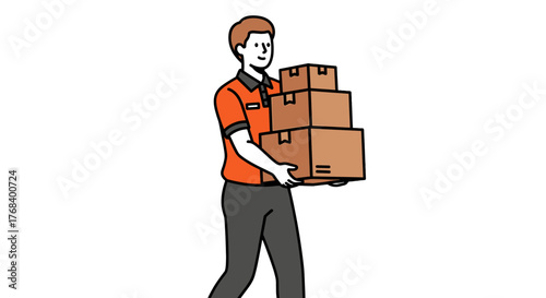 Delivery person carrying stack of boxes in an orange uniform, ready to deliver with a smile, on a transparent background.