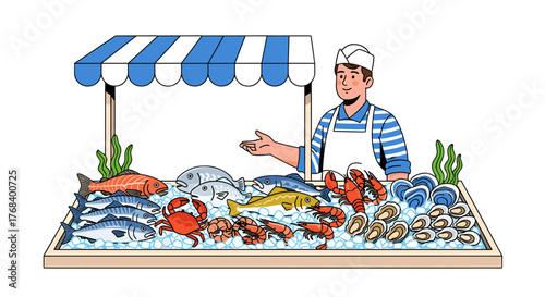 A seafood vendor presenting fresh catches under a blue-and-white striped canopy, surrounded by ice and seaweed garnish.