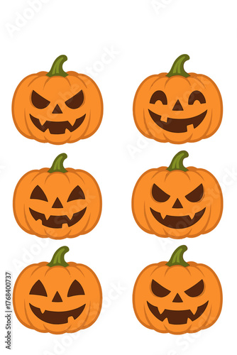 Haunted Halloween masks showcasing various emotions, featuring spooky pumpkin characters with creepy, humorous, joyful, furious, malevolent, and astonished expressions—all presented as isolated flat