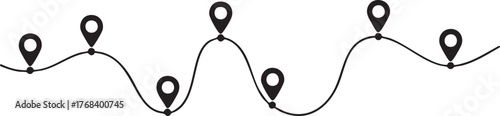 Continuous one line drawing of winding route with five map pins, minimalist travel and journey concept