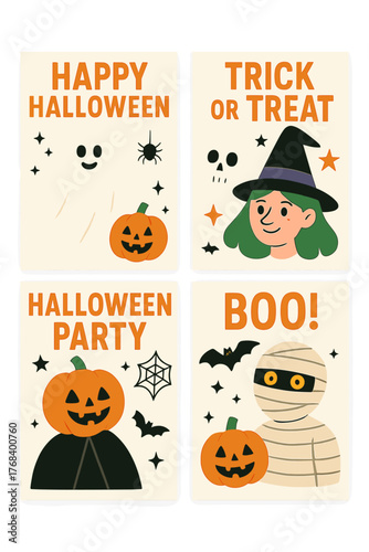 A Halloween poster collection featuring trendy flat design and humorous characters, ideal as cute vector posters for postcards, flyers, and banners