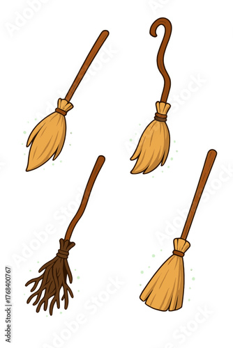 Brooms for witches, magical broomsticks ideal for Halloween décor or witchcraft games, featuring a flying besom made of wooden sticks, twigs, and a mystical glow, presented as a vector cartoon