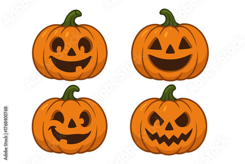 A collection of Halloween pumpkins with amusing faces for autumn holidays