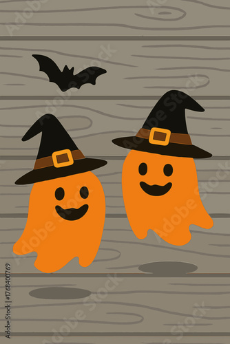 Orange ghost pumpkins wearing witch hats on a gray wooden board backdrop, accompanied by a bat, embody a Halloween concept