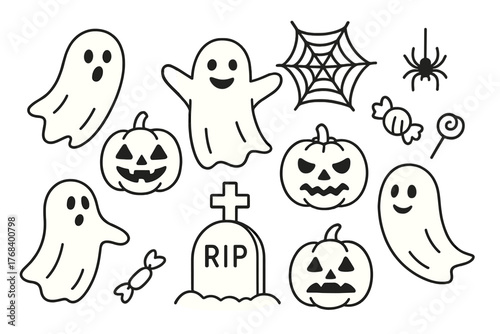 ハロウィン時期の線画のお化けとカボチャのイラストセット(幽霊 おばけ かぼちゃ お菓子 蜘蛛の巣 墓 ベクター 編集可能)