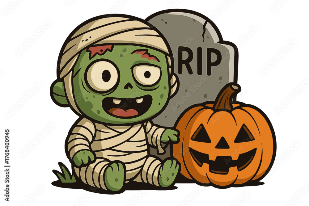 Fototapeta premium Transparent background clipart of a Halloween character that is a zombie mummy baby monster, featuring a tombstone and a pumpkin