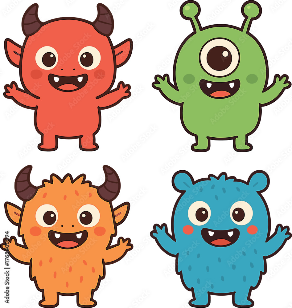 Fototapeta premium A set of adorable Kawaii monster icons for kids, featuring a collection of cheerful cartoon monsters in various playful forms—including funny devils, aliens, demons, and creatures—rendered in flat