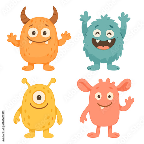 A set of watercolor cartoon monsters that are funny and cute, displayed on a transparent background, illustrated in a childlike style