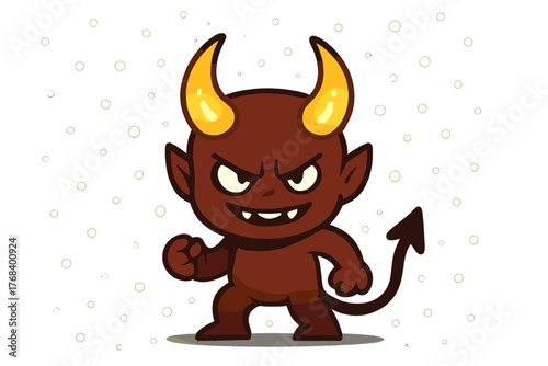 A small malevolent demon with shining horns in a snowfall