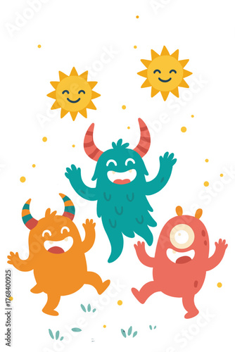 Three vibrant cartoon monsters dance merrily in a fanciful nocturnal forest, with smiling suns and radiant lights