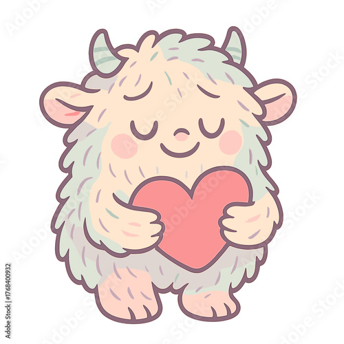 A tiny, adorable, illustrated wool creature in pastel hues clutching a love heart, reminiscent of a baby monster from a children's fairy tale, available as