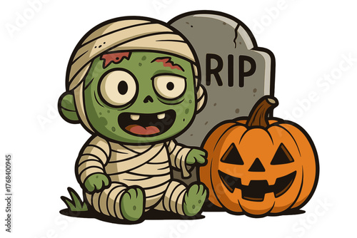 Transparent background clipart of a Halloween character that is a zombie mummy baby monster, featuring a tombstone and a pumpkin