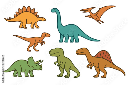A vector illustration featuring dinosaurs such as Stegosaurus, Brontosaurus, Velociraptor, Triceratops, Tyrannosaurus rex, Spinosaurus, and pterosaurs