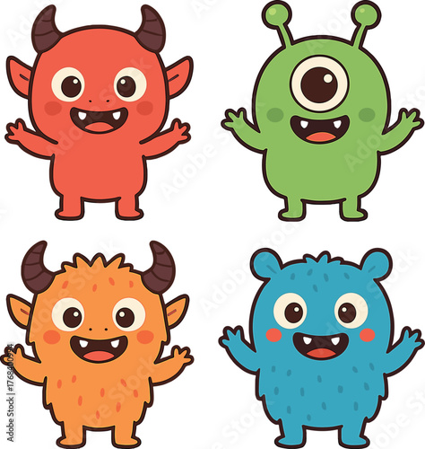 A set of adorable Kawaii monster icons for kids, featuring a collection of cheerful cartoon monsters in various playful forms—including funny devils, aliens, demons, and creatures—rendered in flat