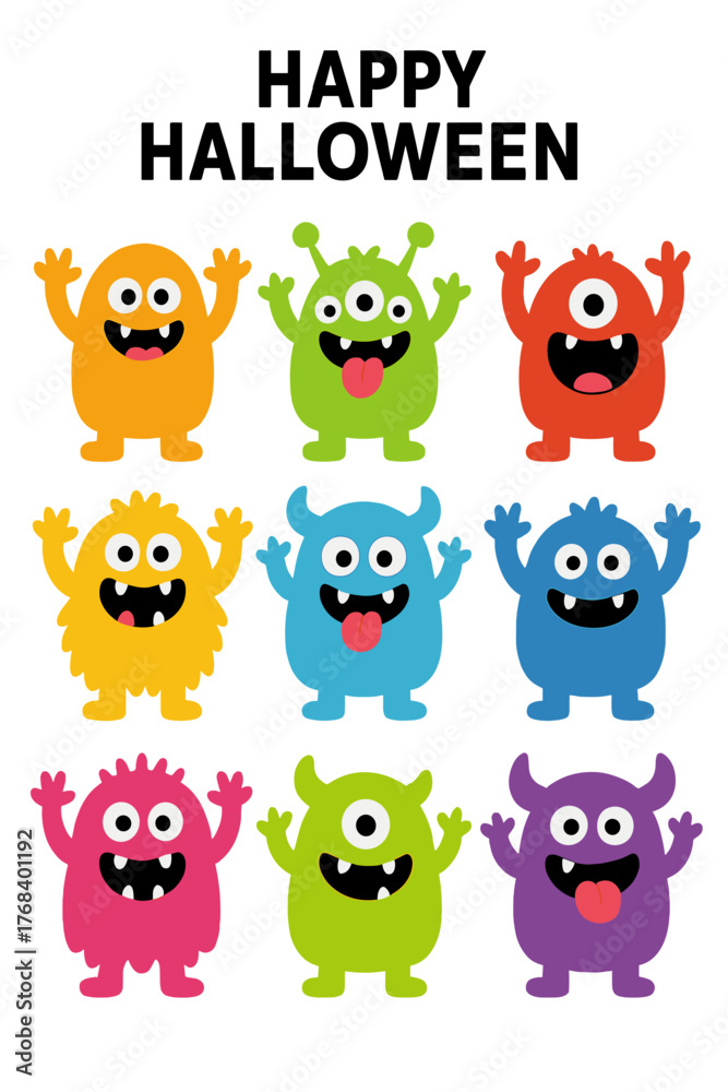 Obraz premium A set of large, colorful monster silhouettes for icons, featuring a happy Halloween theme with eyes, tongue, fang, and raised hands, depicting a cute, kawaii, scary, funny baby character in flat