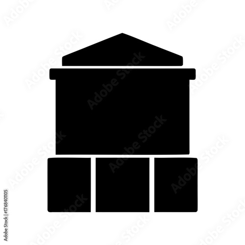 Abstract Solid Black Monumental Structure with Pyramidal Roof and Rectangular Base