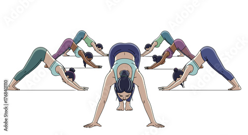A group of women doing yoga in a studio, all doing the downward dog pose, creating a symmetrical and balanced image.