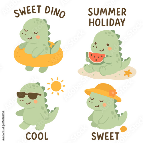 Set of adorable dinosaur baby prints for a sweet dino summer holiday, featuring a cool illustration suitable for nurseries, playrooms, t-shirts, children's clothing, baby party invitations, birthday