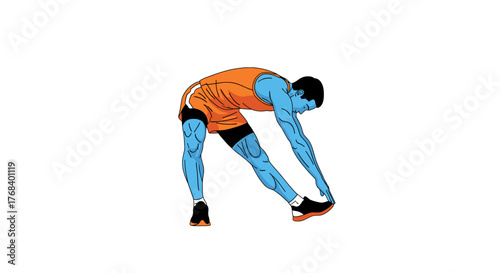 A stylized figure bends to stretch, limbs elongated and tinted blue, contrasting with their attire of vibrant hues.