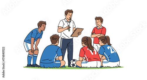 Team meeting on field, coach briefs players on strategy, clip board in hand, whistle around neck. Team listens attentively.