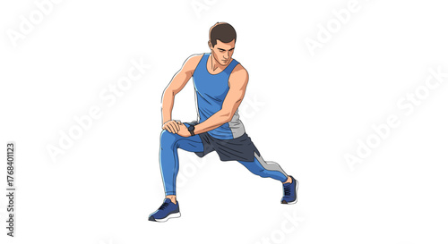 Animated man in exercise attire stretching his leg. The man is isolated on a transparent background. He is focused and determined.