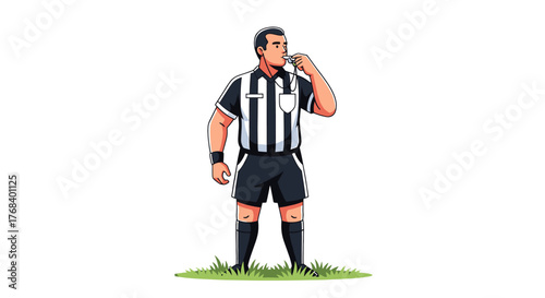 An illustration of a referee wearing a black and white striped shirt blowing a whistle on a grassy field.