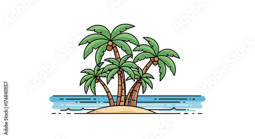 Tropical island paradise featuring swaying palm trees, serene blue waters, and soft sandy beaches on a transparent background.
