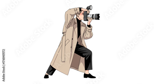 Cartoon photographer in trench coat aims his camera, flash bulb popping, ready to capture the perfect moment.