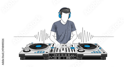 A DJ with headphones skillfully manipulates a mixer, creating an energetic vibe with sound waves in the air.