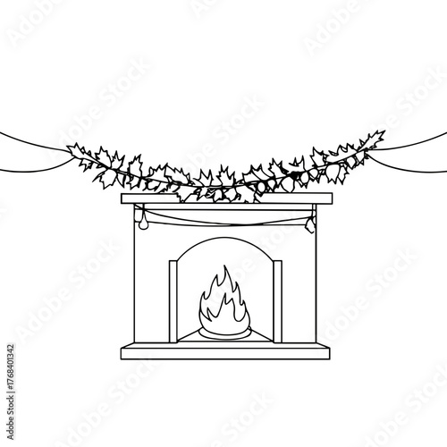 Line drawing of a fireplace adorned with garland and lights  