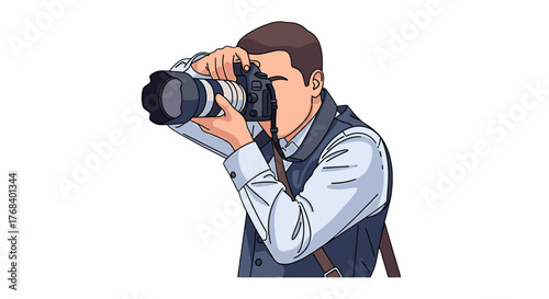 A cartoon man wearing a vest and suspenders, taking a photograph with a professional camera. He is focused and alert.