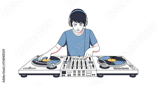 A DJ in action, mixing sounds and creating music. The artist is immersed, wearing headphones and mixing on a console.