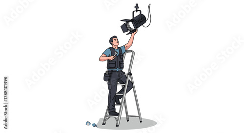 The technician is on a ladder, making adjustments to the spotlight with a wrench in hand, ensuring optimal performance.