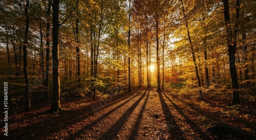 Autumn forest path bathed in golden sunlight