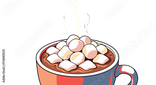 A steaming mug of hot chocolate overflows with marshmallows, inviting warmth and comfort on a cold day.