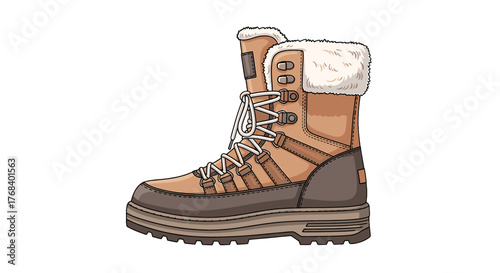 This is a brown, fur lined winter boot with white laces and dark brown accents on the heel and toe. 