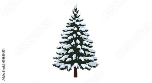 A digital illustration of a realistic-looking evergreen pine tree covered in snow on each of its levels of branches.