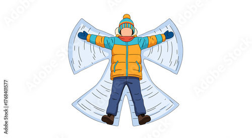 A child in winter attire makes a snow angel, creating symmetrical patterns, enjoying the cold weather, and having fun.
