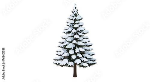 A snow-covered evergreen stands tall against a transparent background, a vision of winter's quiet beauty and enduring strength.