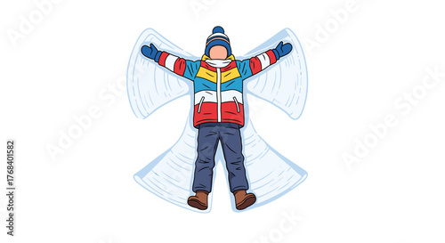 A child dressed in winter attire making a snow angel. They are lying on their back with their arms outstretched.