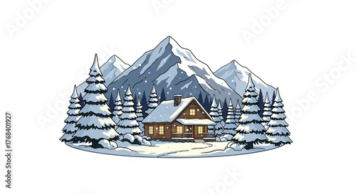 A cozy cabin in a snowy landscape, nestled among snow-covered trees and majestic mountains in the winter.