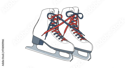 A pair of ice skates with red and blue laces, ready for a graceful performance on the ice rink, a winter hobby.