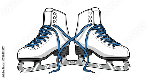 Close-up symmetrical shot of white figure skates with blue laces crossing on a transparent background with subtle shadows.